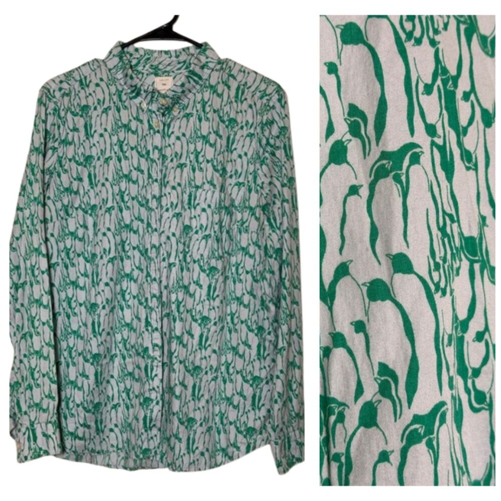 Gap The Shrunken Boyfriend Collared Shirt Womens XL Graphic Penguin Preppy Green